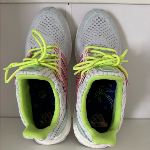 adidas White Sneakers with Pink Stripes and Neon Yellow Laces - Picture 4 of 5
